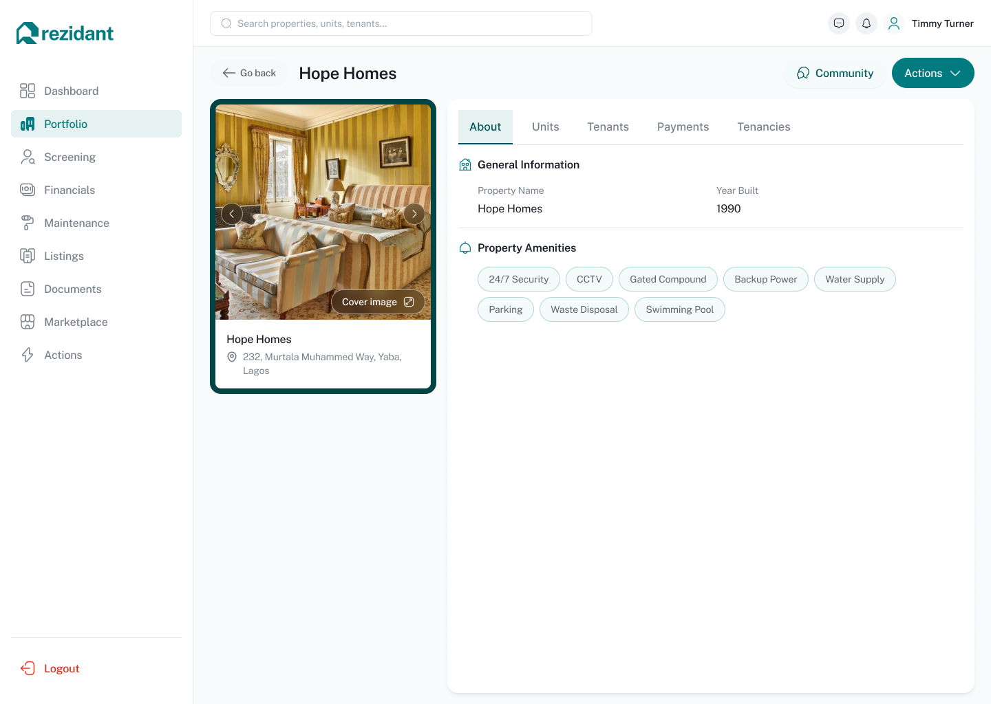 Rezidant property detail page with amenities and cover image
