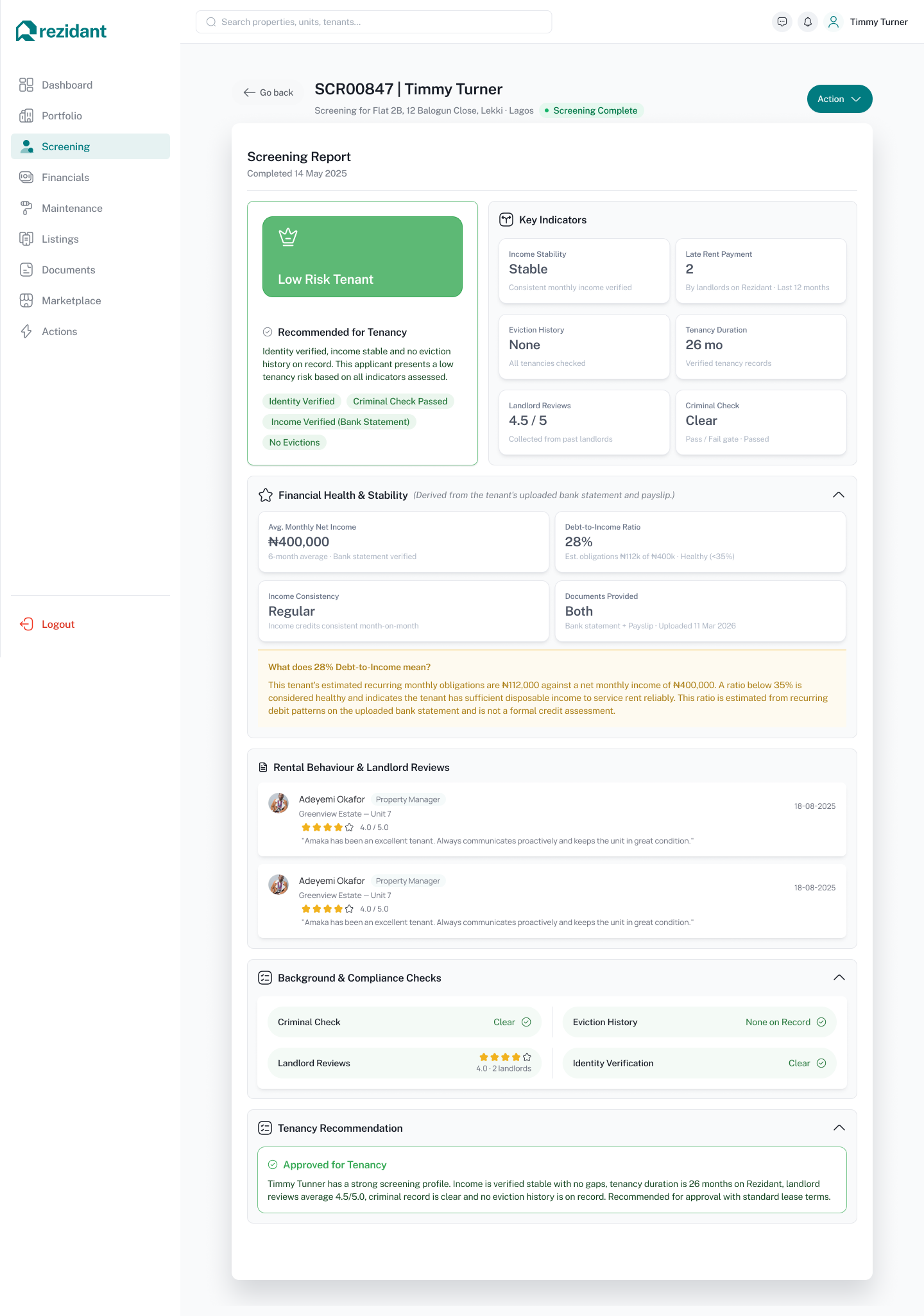 Rezidant property manager tenant screening report showing risk indicators