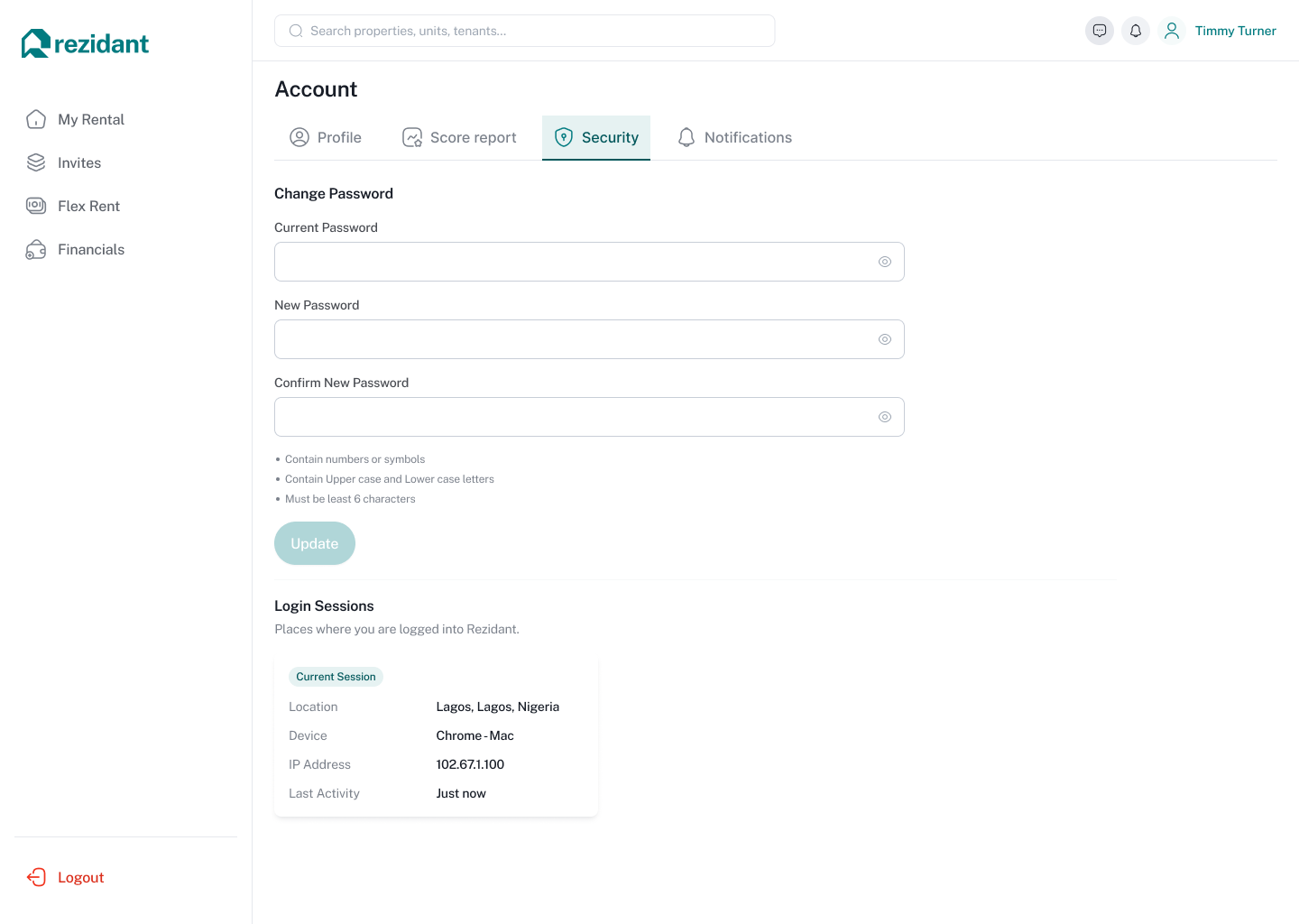 Rezidant tenant account settings and security screen