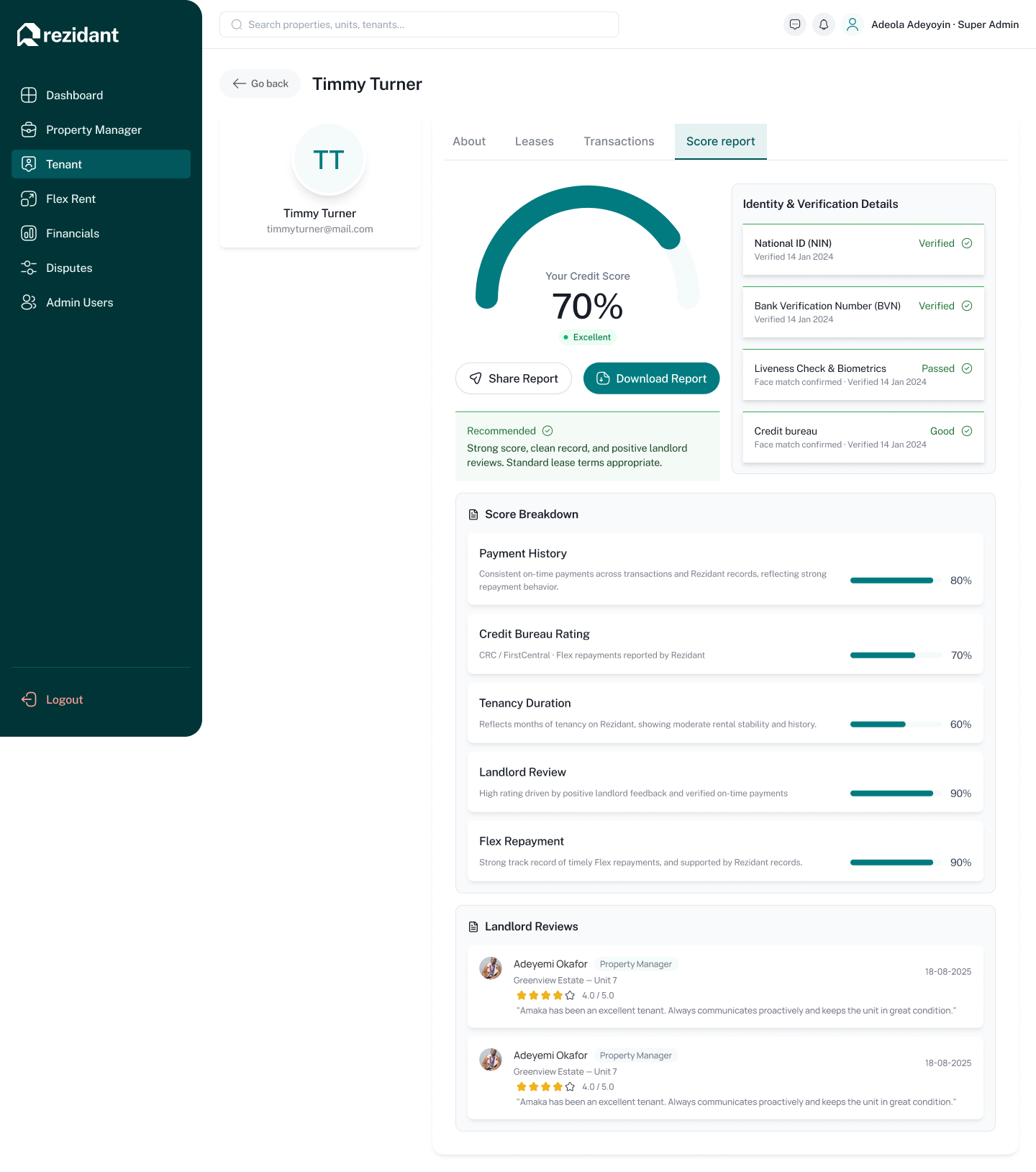 Rezidant tenant credit score and verification report