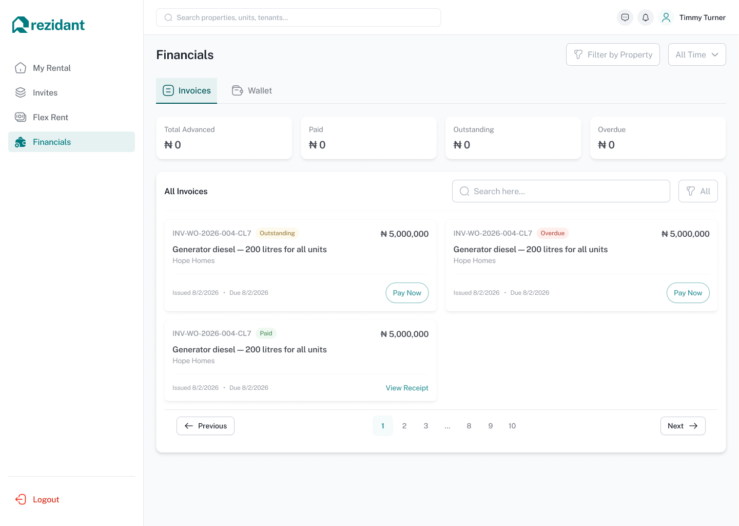 Rezidant tenant financials screen with invoices and outstanding balances