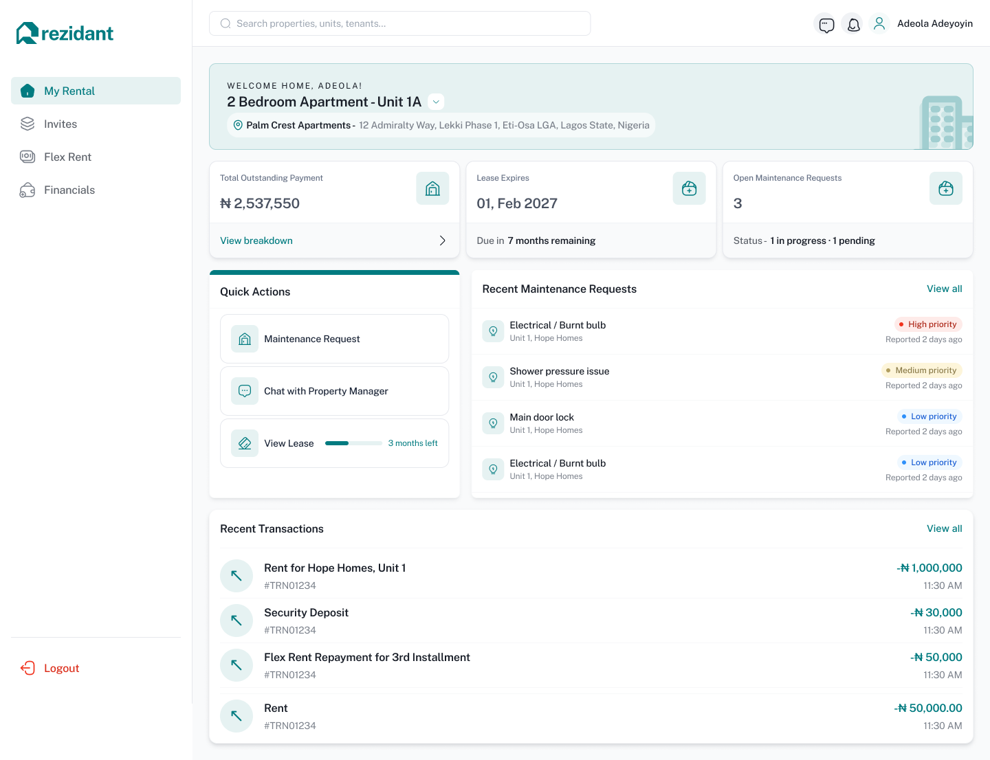 Rezidant tenant home dashboard on desktop