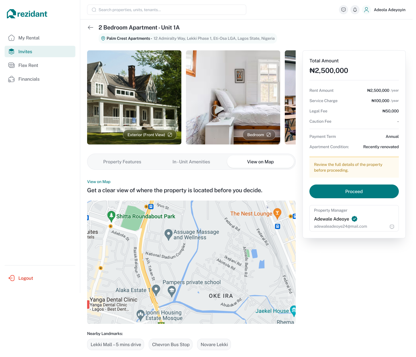 Rezidant tenant viewing an invited property's location on a map with nearby landmarks