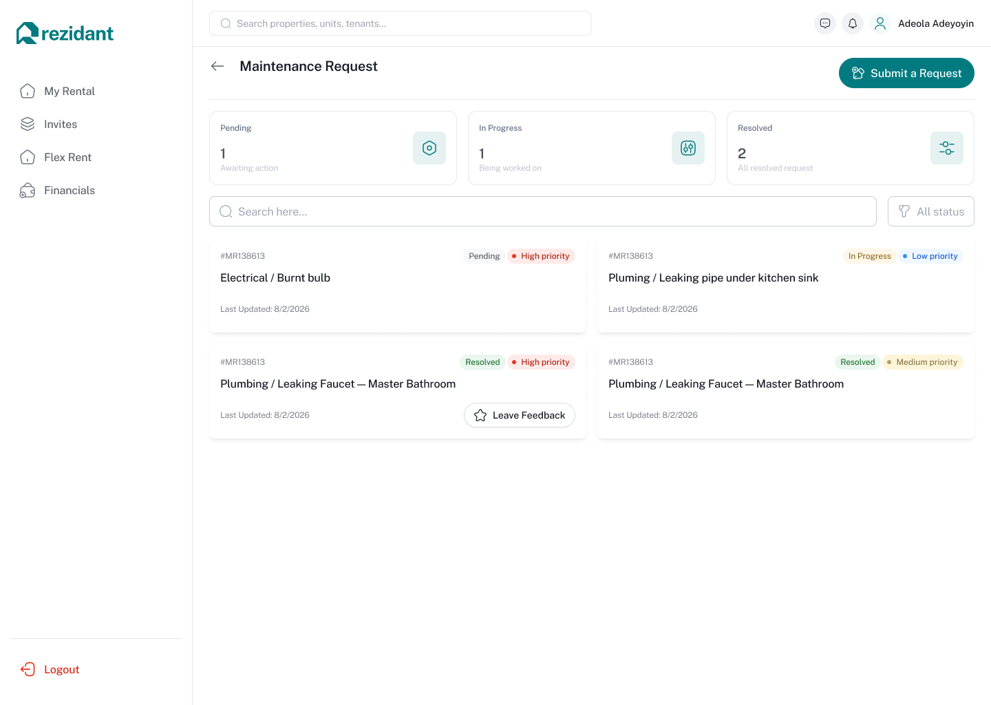 Rezidant tenant maintenance request screen with pending, in-progress, and resolved requests