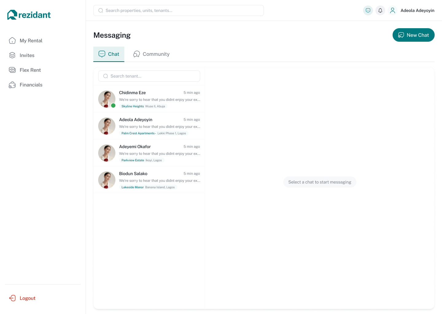 Rezidant tenant messaging screen with property manager chat list