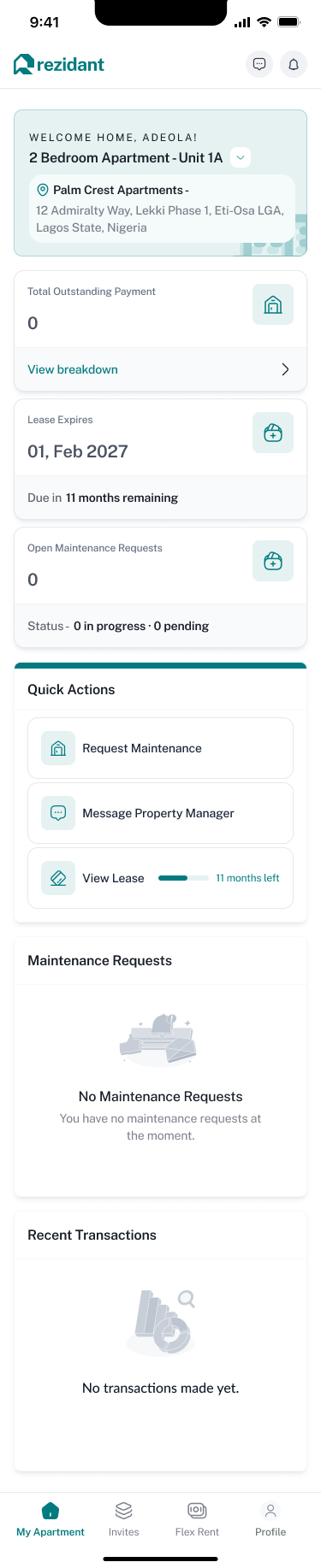 Rezidant tenant home dashboard on mobile