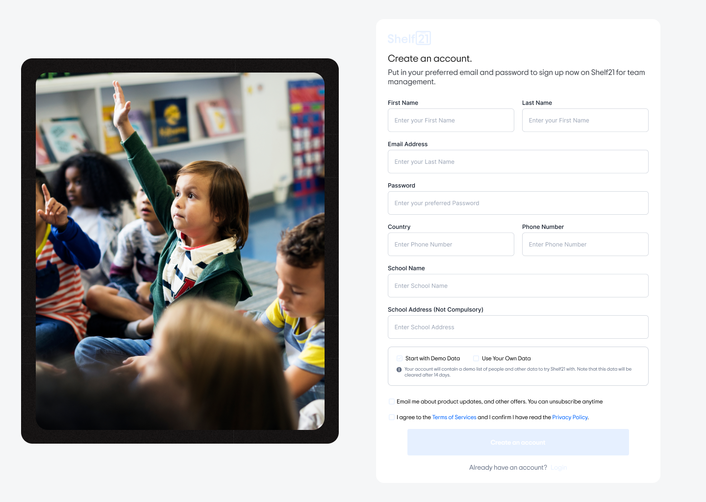 Shelf21 school admin create an account screen