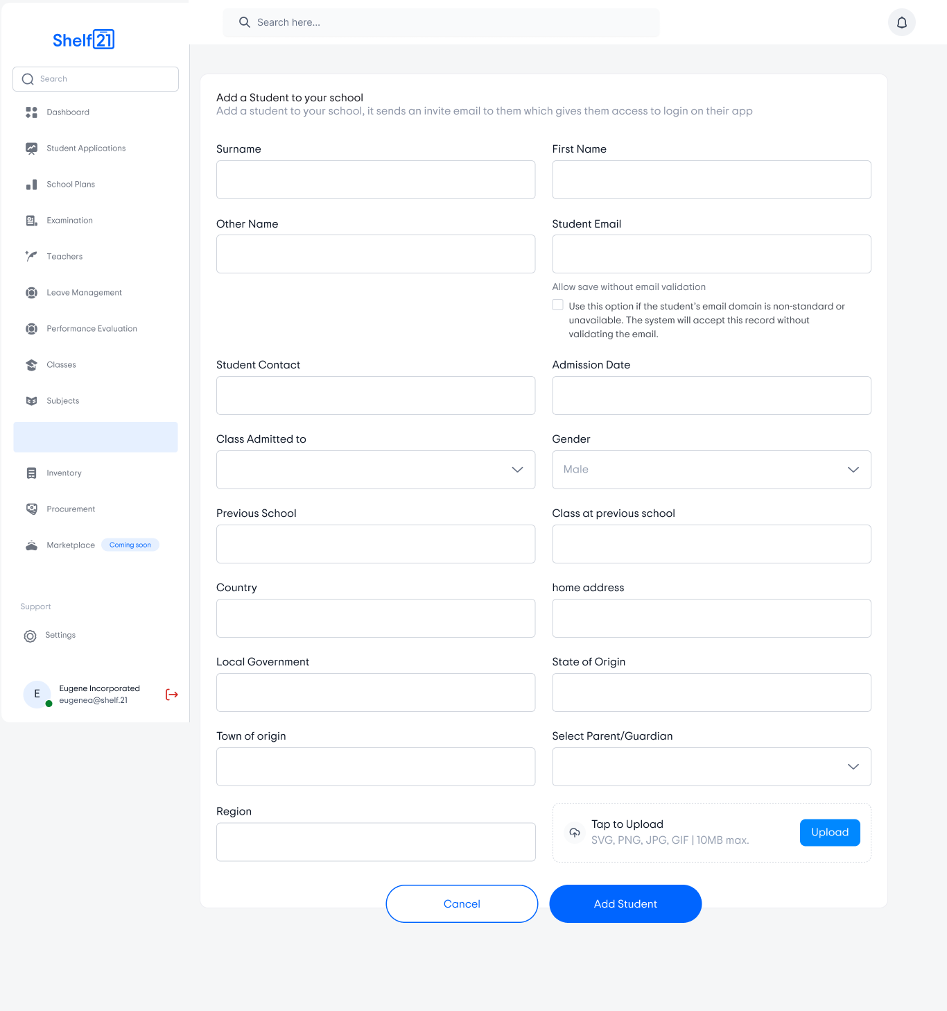 Shelf21 admin form to add a student to the school