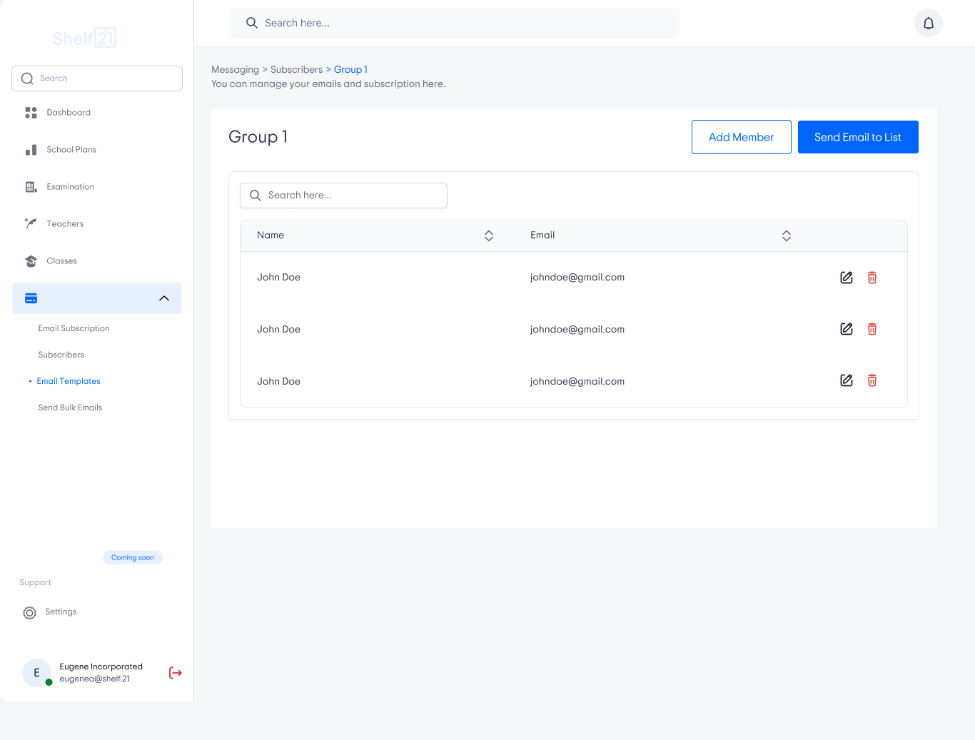 Shelf21 admin email subscription screen