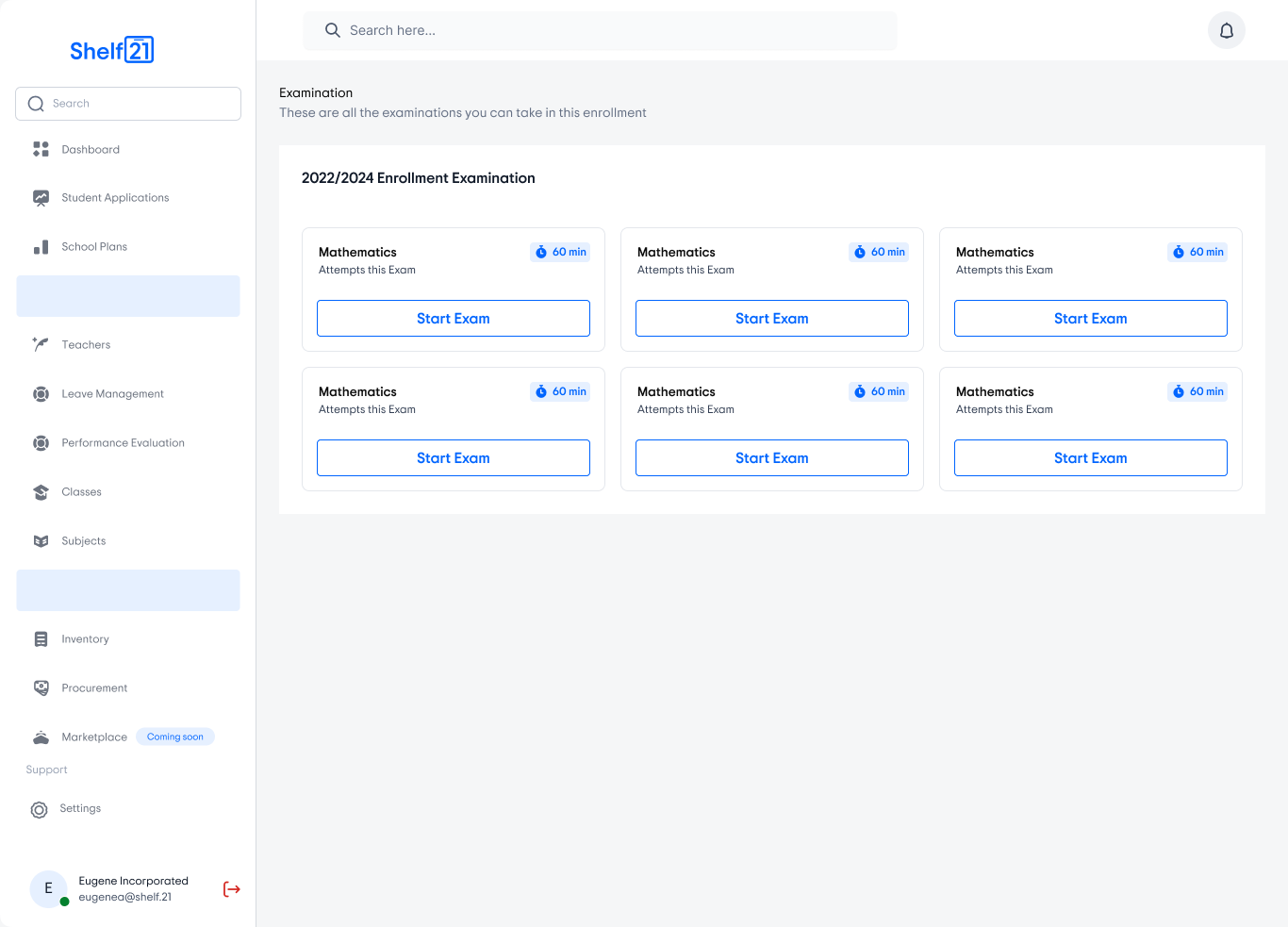 Shelf21 admin examinations overview screen