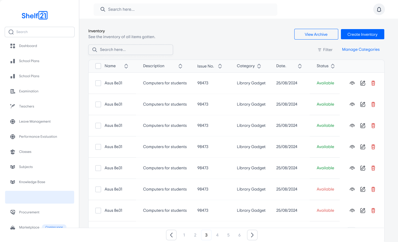 Shelf21 admin inventory management screen