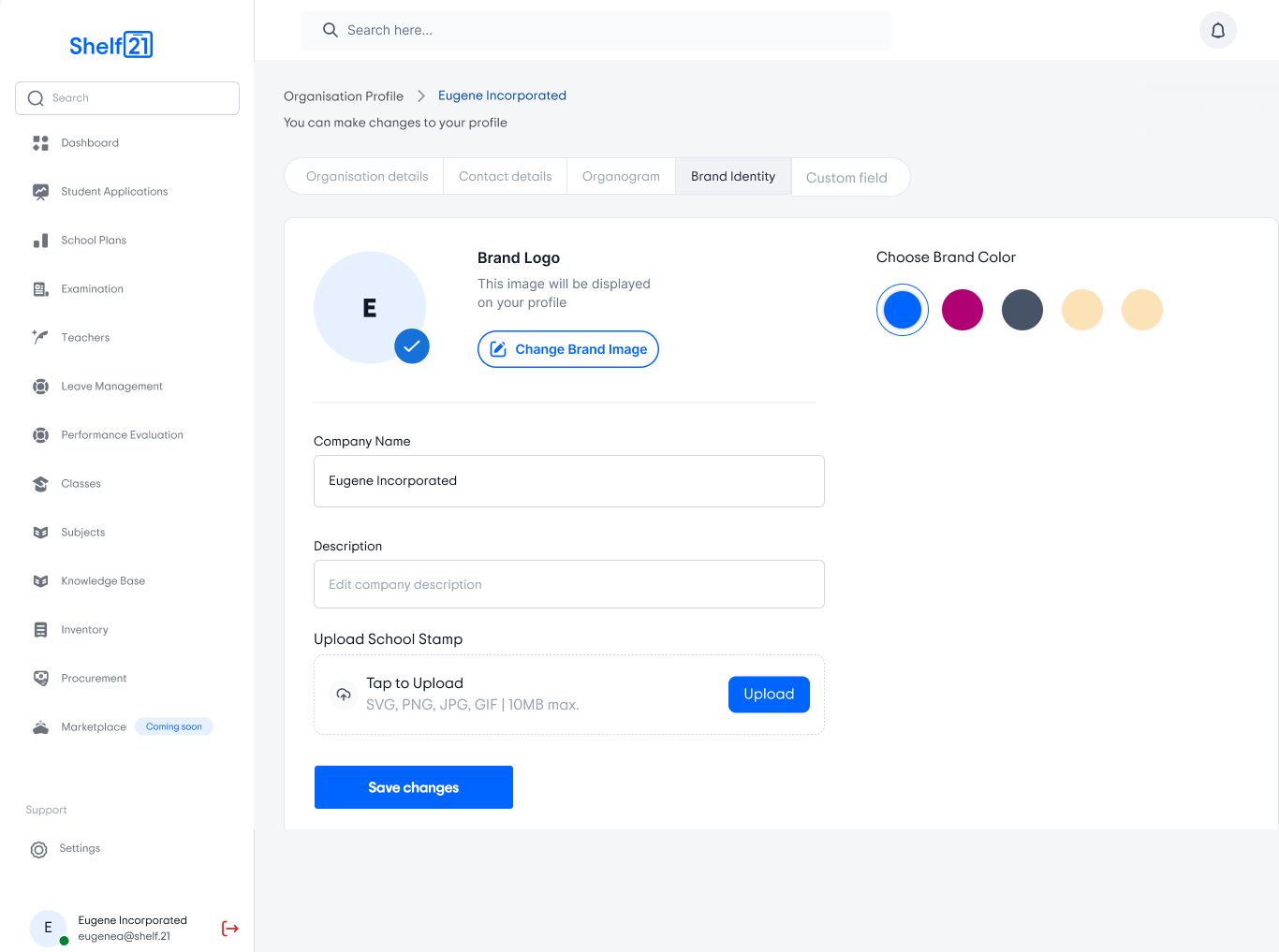 Shelf21 admin organisation profile brand identity screen
