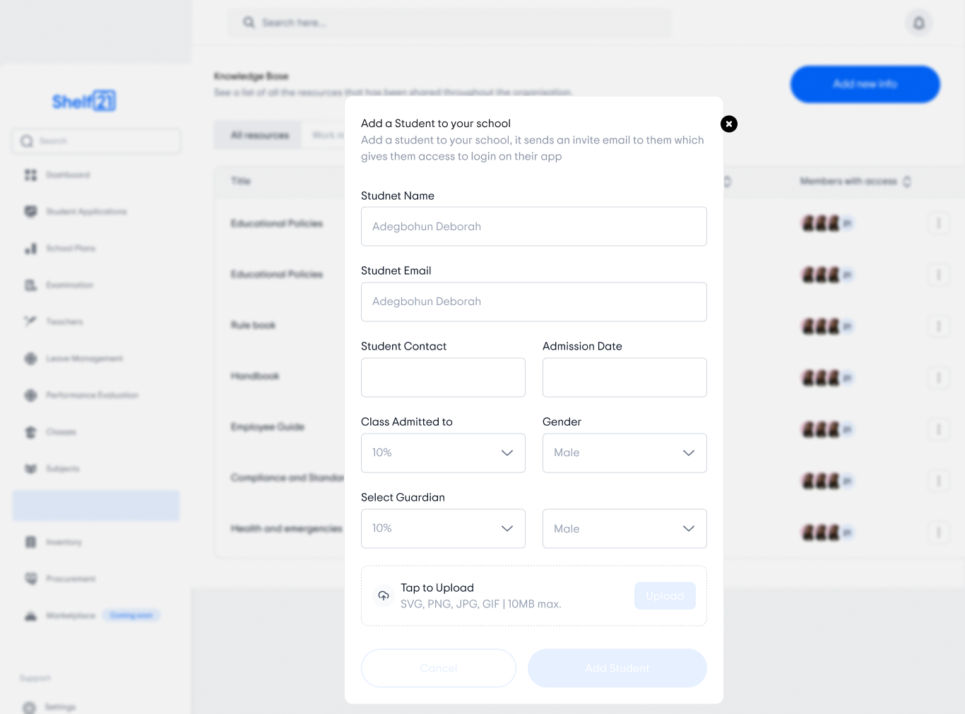 Shelf21 admin create student record linked to a parent