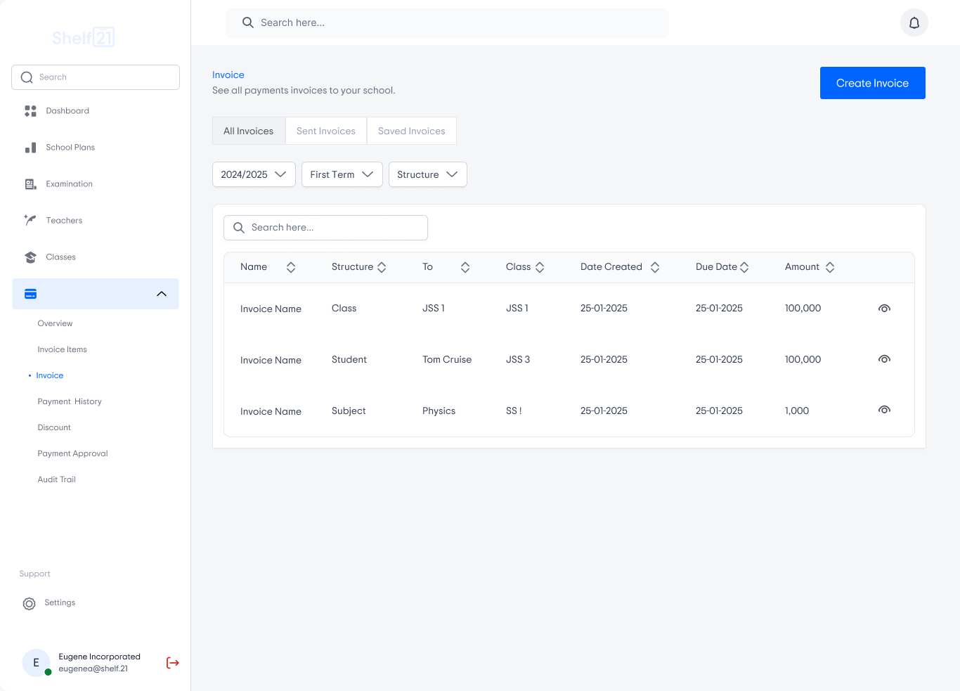 Shelf21 admin payments and all invoices screen