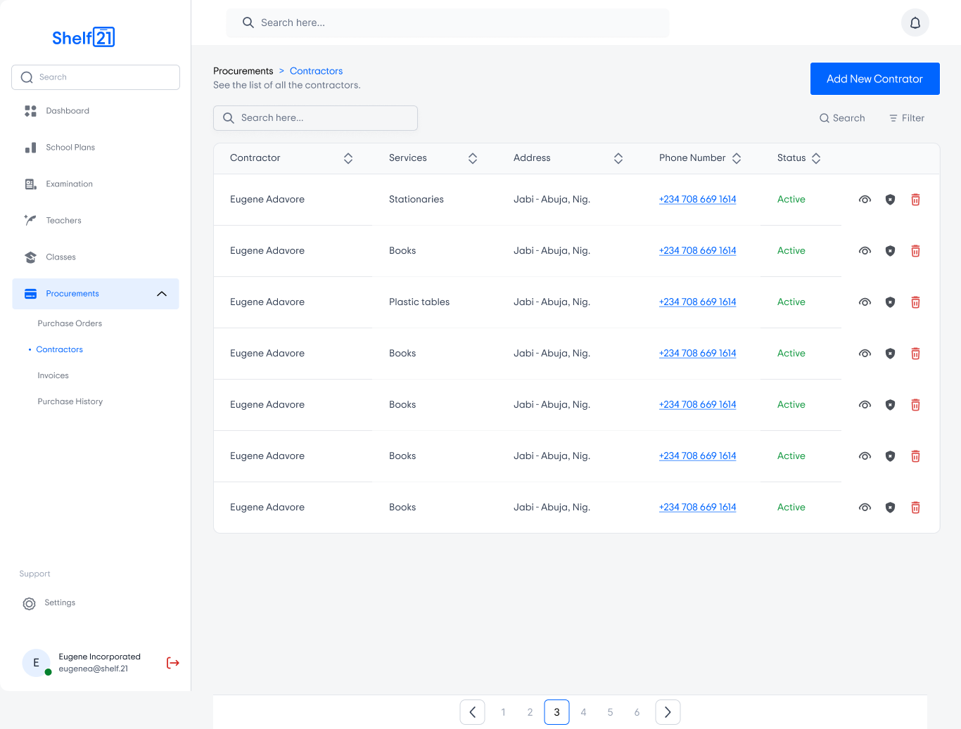 Shelf21 admin procurement contractors screen