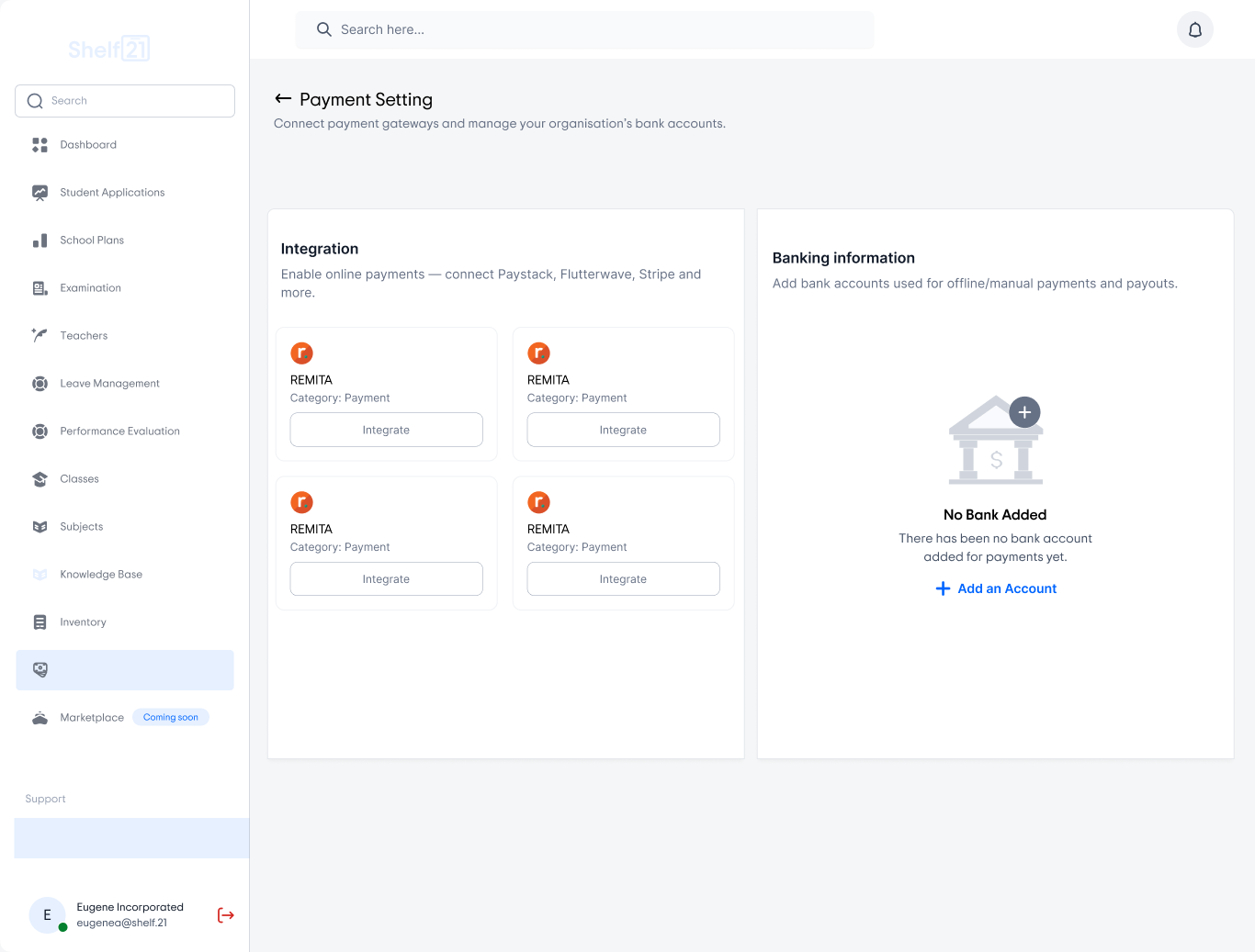 Shelf21 admin settings screen