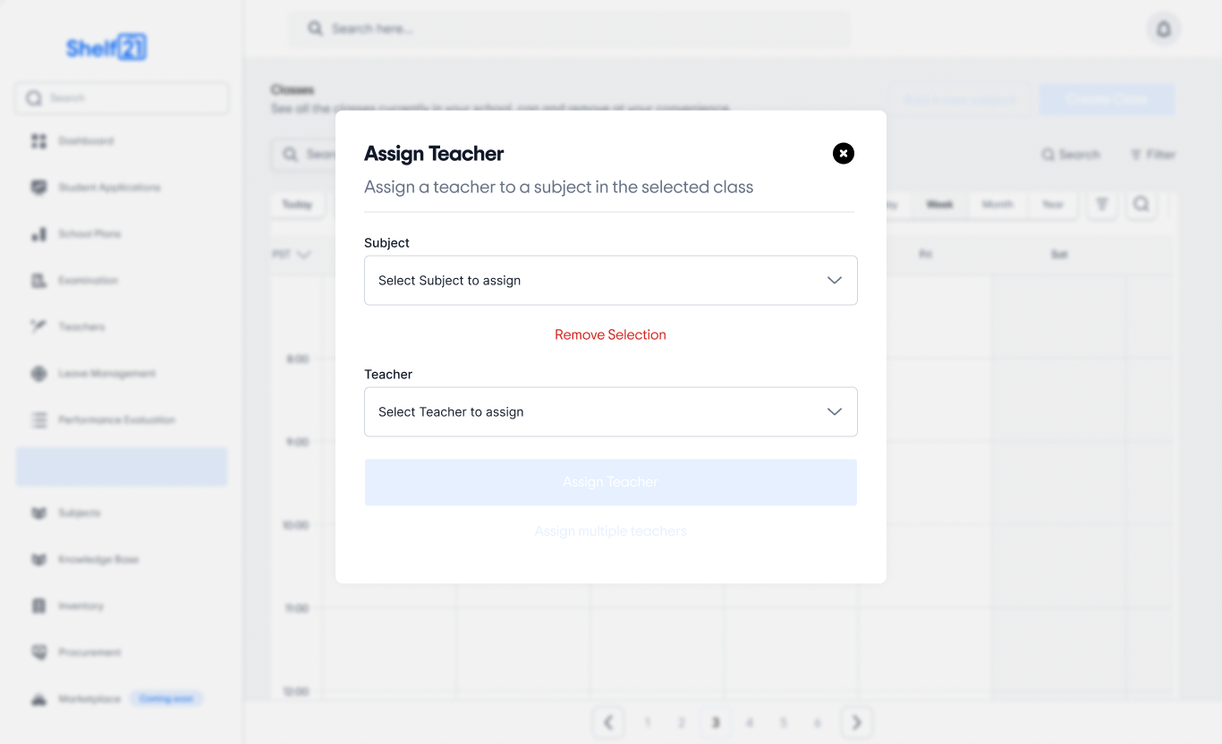 Shelf21 admin assign teacher to a subject flow