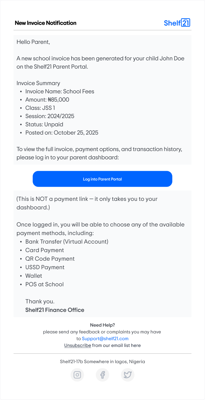 Shelf21 parent-facing email notification for a new school invoice