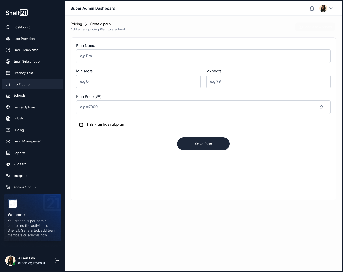 Shelf21 Super Admin add a new pricing plan screen