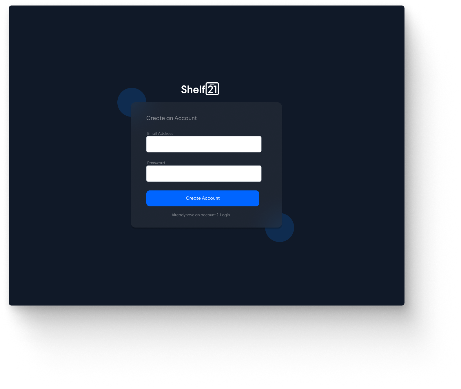 Shelf21 Super Admin create account screen