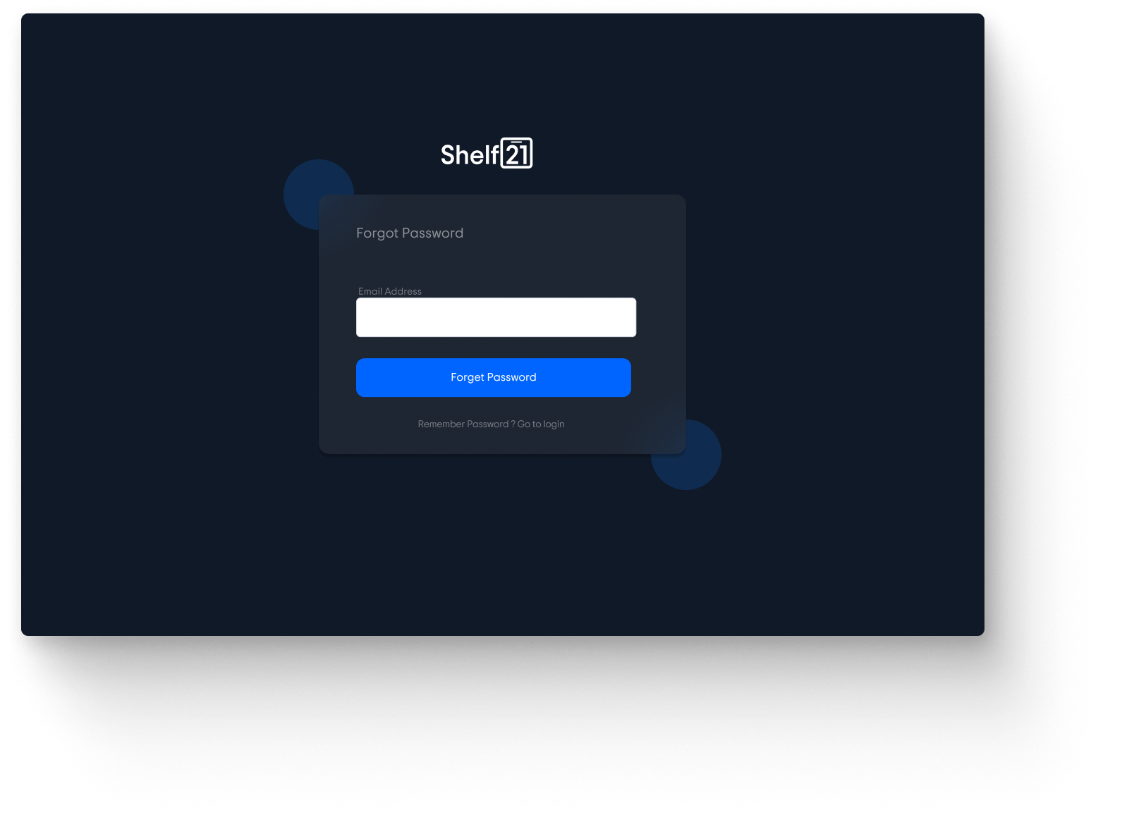 Shelf21 Super Admin forgot password screen