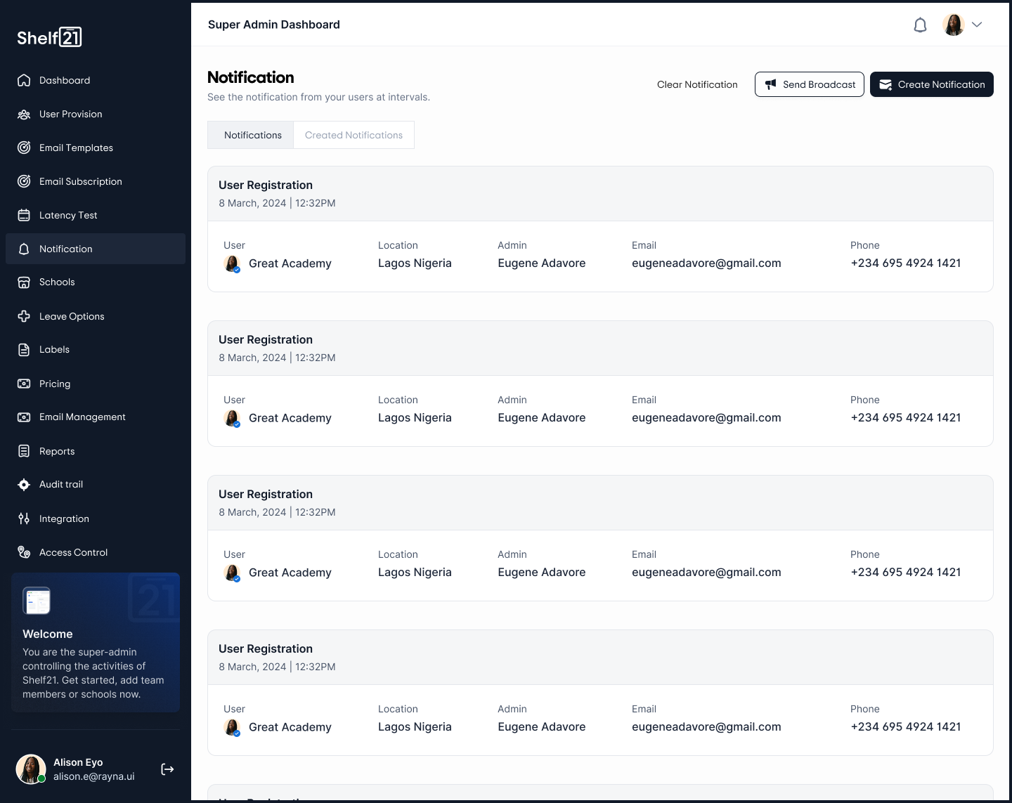 Shelf21 Super Admin notification screen