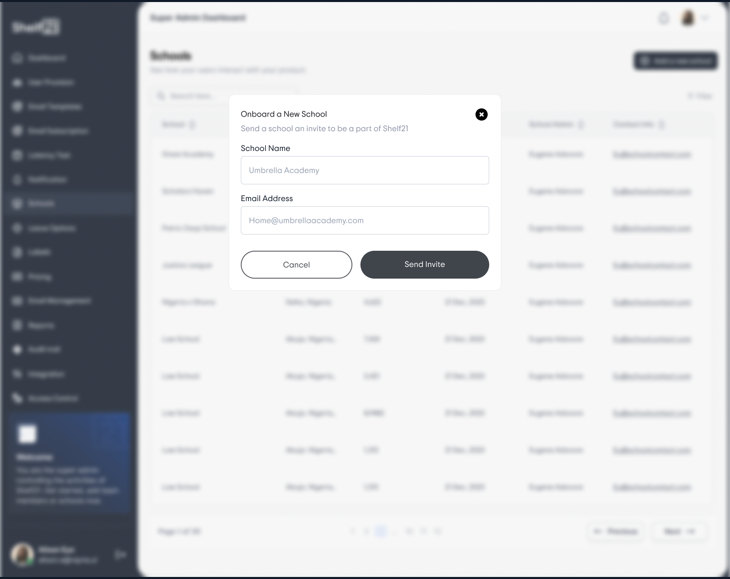 Shelf21 Super Admin onboard a new school flow