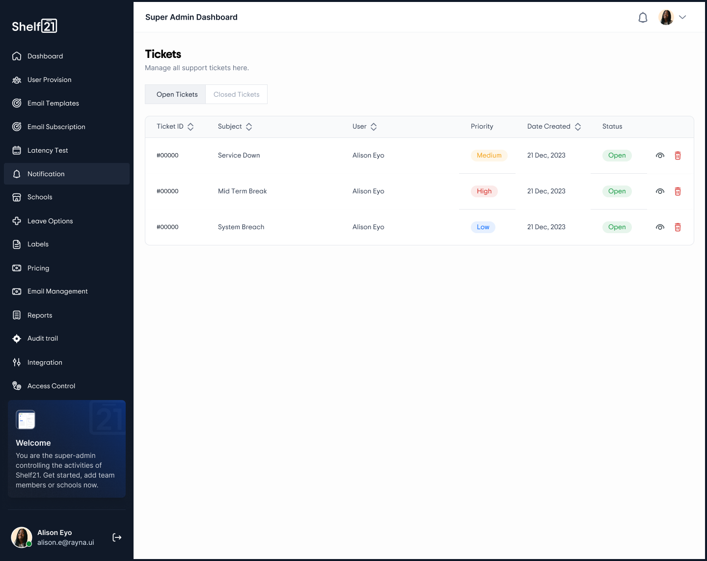 Shelf21 Super Admin open support tickets view