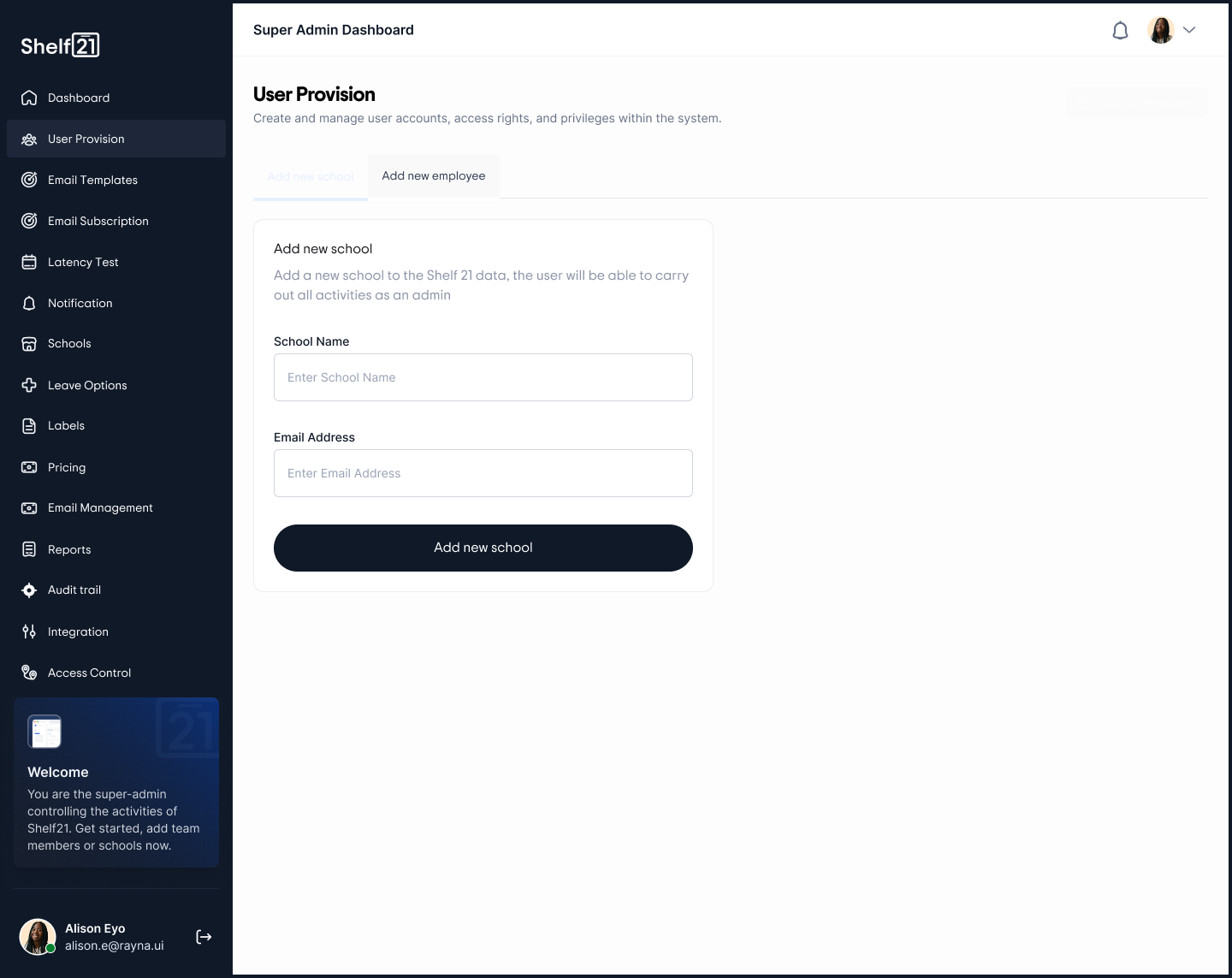 Shelf21 Super Admin user provisioning screen