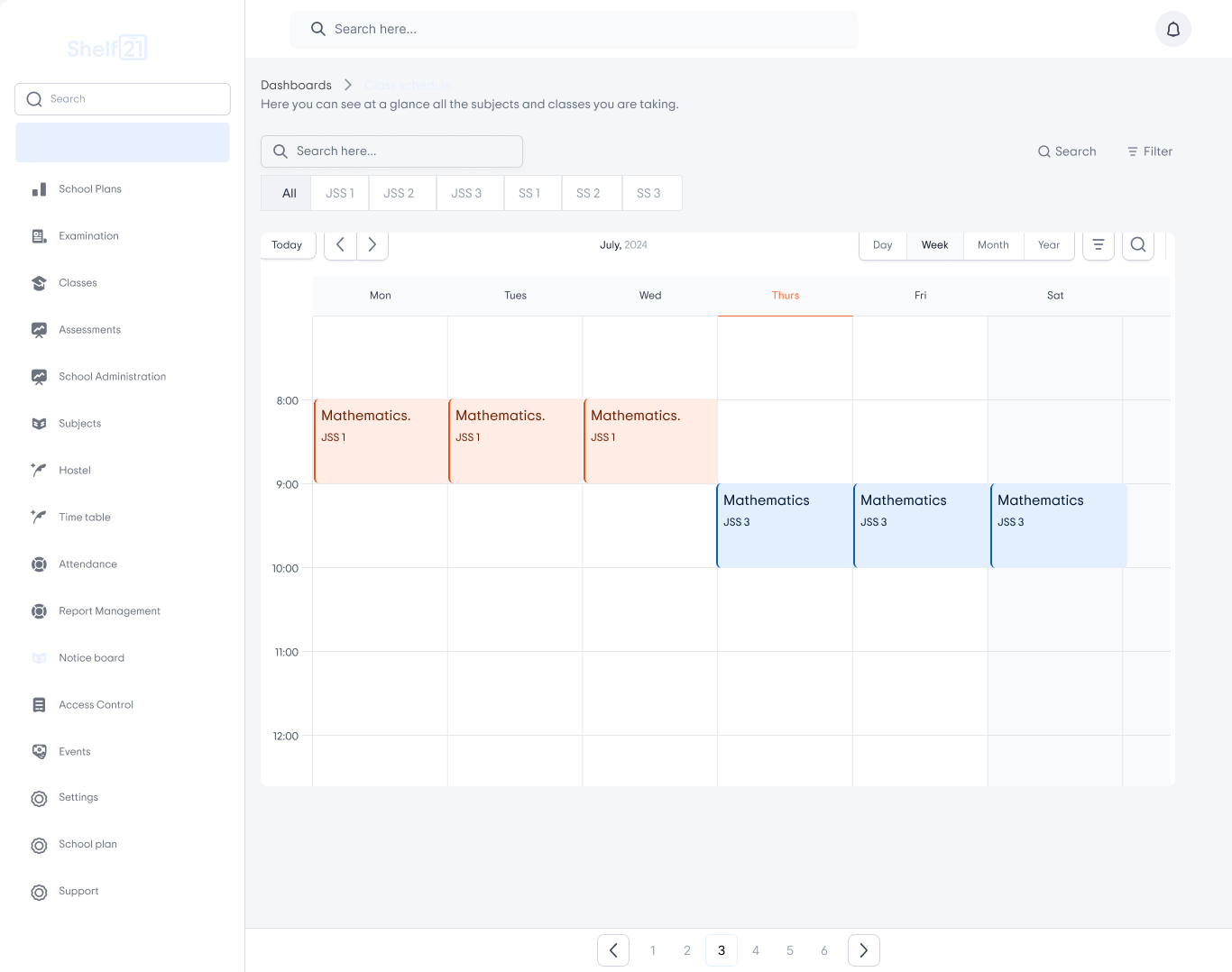 Shelf21 teacher class schedule screen